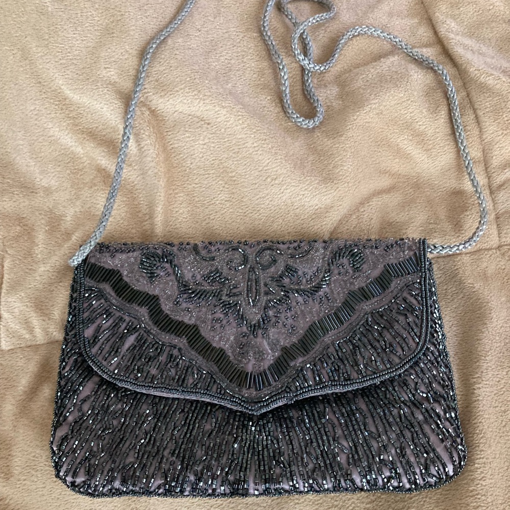 Barely worn elegant gray beaded clutch